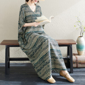 Ethnic Style V-neck Printed Striped Dress Women